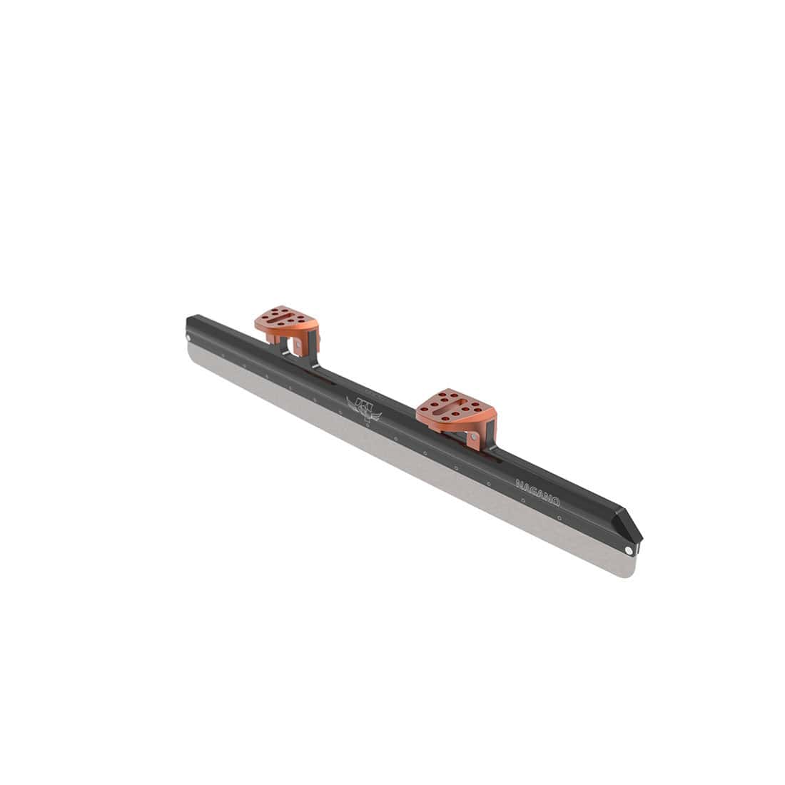 a pair of black and orange plastic pieces on a white background