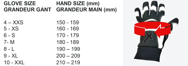 glove size chart and measurements for the gloves